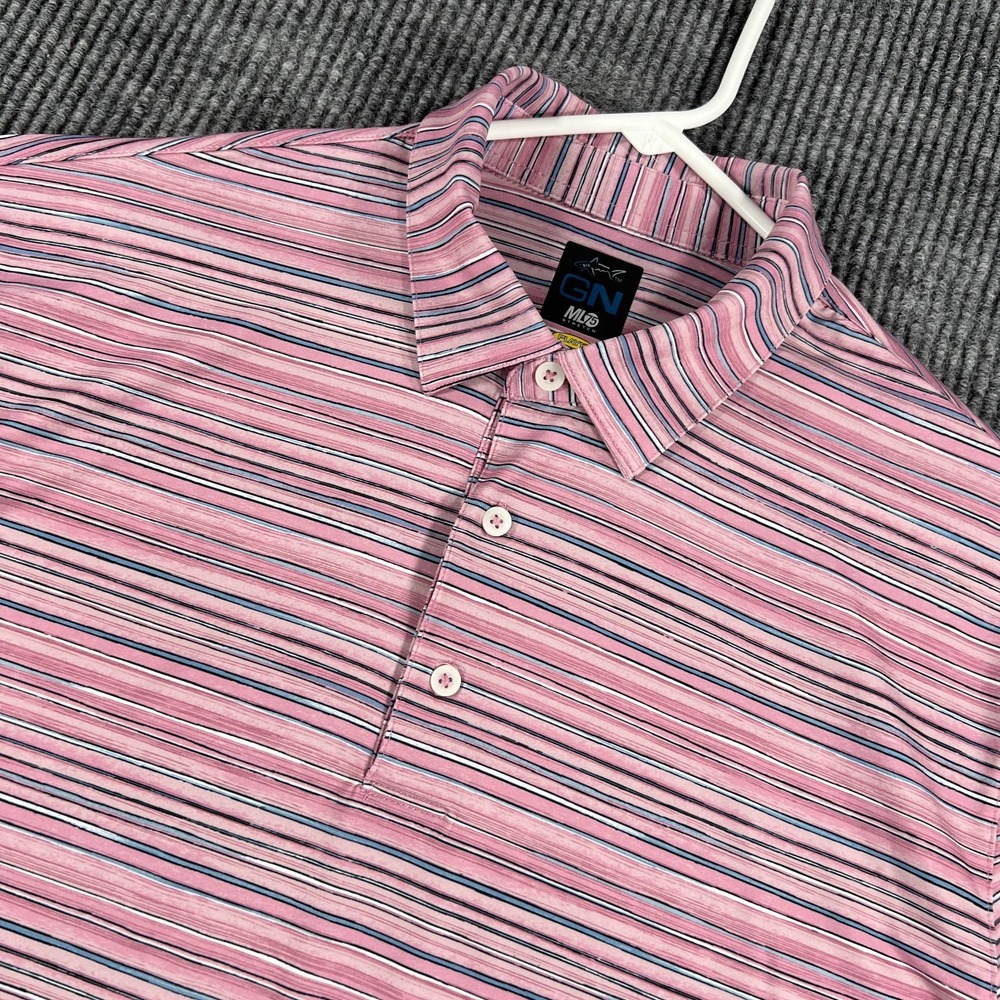 Greg Norman ML75 Polo Shirt Mens Large Purple Striped Short Sleeve Golf Outdoor